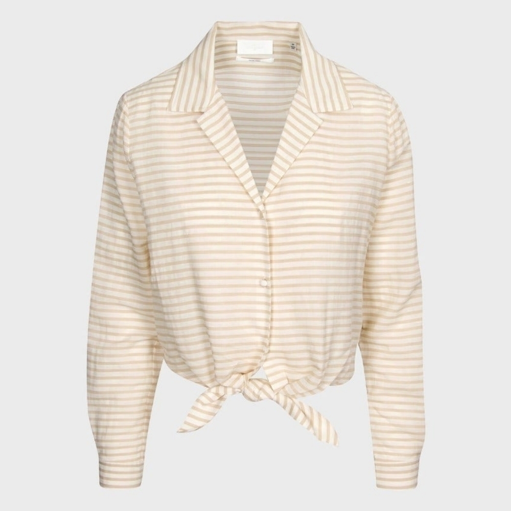 7 FOR ALL MANKIND Long Sleeve Tie Front Shirt in Soft White & Tan Stripe Size L